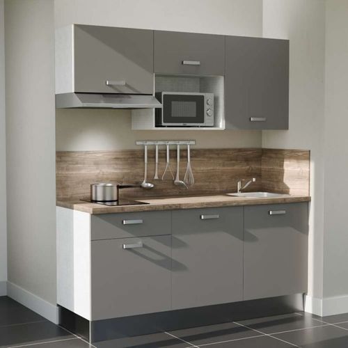 Kitchenette K30l-pt - 180 Cm-façade Gris-plan Bois-evier Inox-crédences Oui+electro Inox