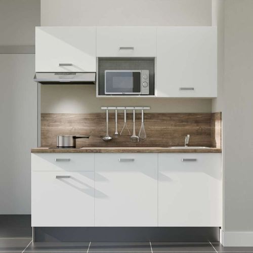 Kitchenette K30l-pt - 180 Cm-façade Blanc-plan Bois-evier Inox-crédences Oui+electro Inox