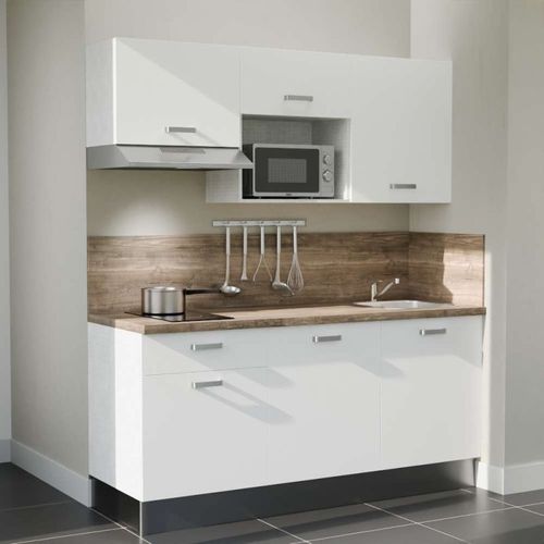 Kitchenette K30l-pt - 180 Cm-façade Blanc-plan Bois-evier Inox-crédences Oui+electro Inox