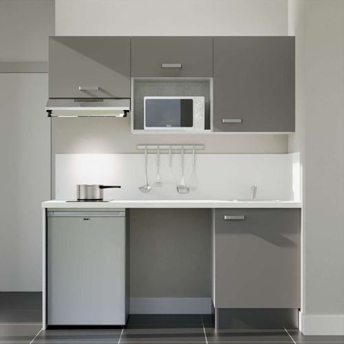 Kitchenette K55l-pt - 180 Cm-façade Gris-plan Blanc-evier Inox-crédences Oui+electro Inox