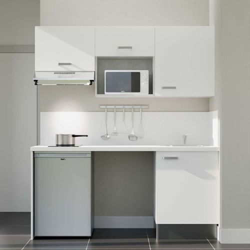 Kitchenette K55l-pt - 180 Cm-façade Blanc-plan Blanc-evier Inox-crédences Oui+electro Inox