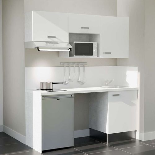 Kitchenette K55l-pt - 180 Cm-façade Blanc-plan Blanc-evier Inox-crédences Oui+electro Inox