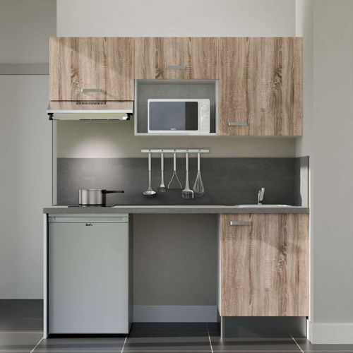 Kitchenette K55l-pt - 180 Cm-façade Bois-plan Gris Béton-evier Inox-crédences Oui+electro Inox