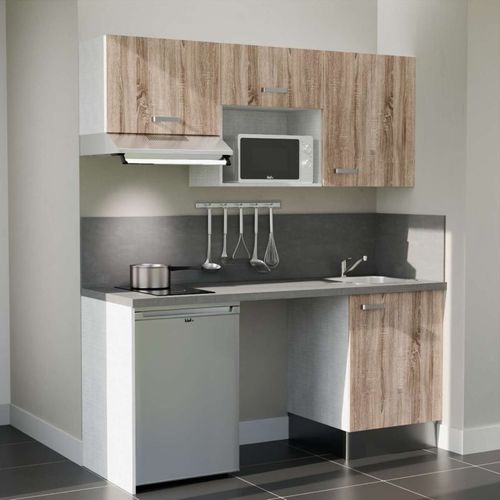 Kitchenette K55l-pt - 180 Cm-façade Bois-plan Gris Béton-evier Inox-crédences Oui+electro Inox