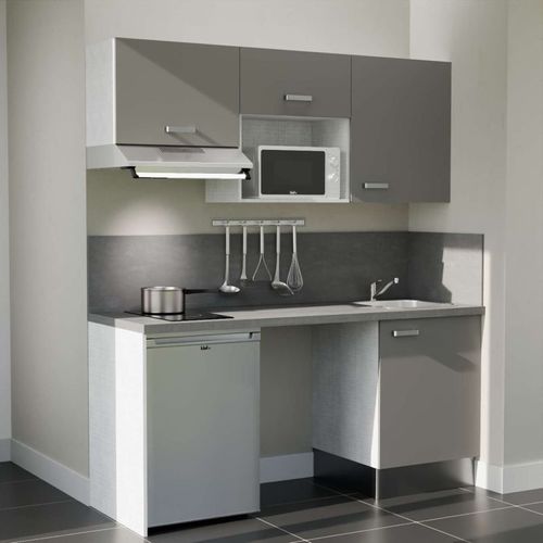 Kitchenette K55l-pt - 180 Cm-façade Gris-plan Gris Béton-evier Inox-crédences Oui+electro Inox