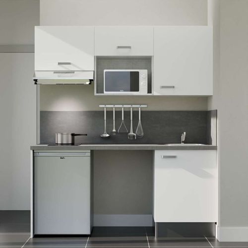 Kitchenette K55l-pt - 180 Cm-façade Blanc-plan Gris Béton-evier Inox-crédences Oui+electro Inox