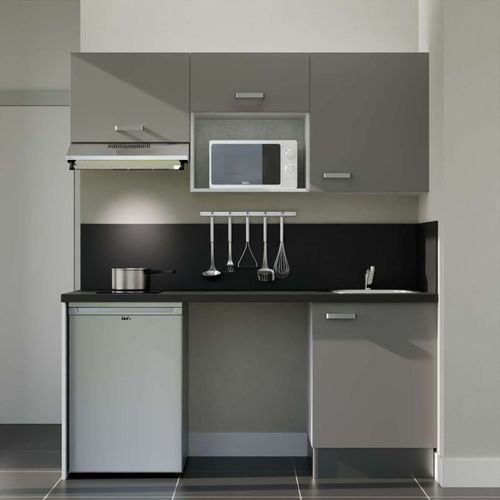 Kitchenette K55l-pt - 180 Cm-façade Gris-plan Noir Texturé-evier Inox-crédences Oui+electro Inox
