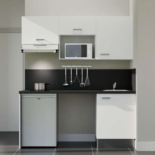 Kitchenette K55l-pt - 180 Cm-façade Blanc-plan Noir Texturé-evier Inox-crédences Oui+electro Inox