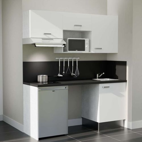 Kitchenette K55l-pt - 180 Cm-façade Blanc-plan Noir Texturé-evier Inox-crédences Oui+electro Inox