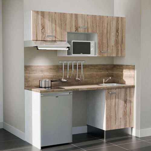 Kitchenette K55l-pt - 180 Cm-façade Bois-plan Bois-evier Inox-crédences Oui+electro Inox