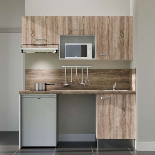 Kitchenette K55l-pt - 180 Cm-façade Bois-plan Bois-evier Inox-crédences Oui+electro Inox