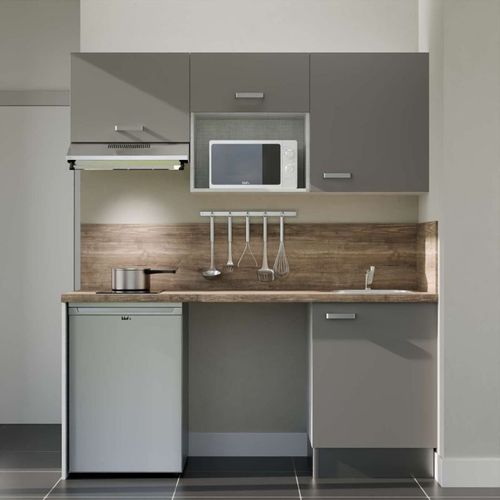 Kitchenette K55l-pt - 180 Cm-façade Gris-plan Bois-evier Inox-crédences Oui+electro Inox
