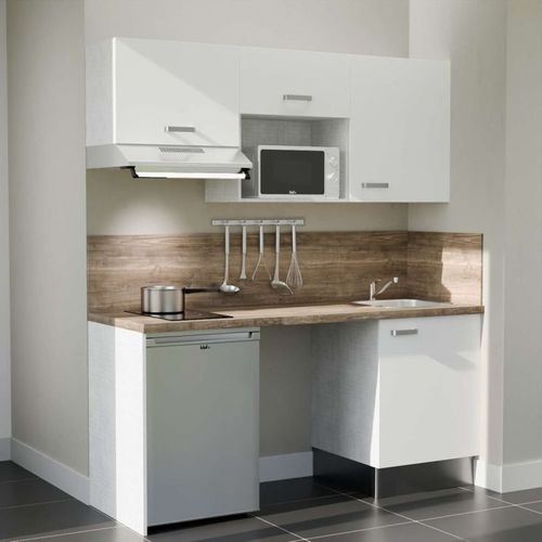 Kitchenette K55l-pt - 180 Cm-façade Blanc-plan Bois-evier Inox-crédences Oui+electro Inox