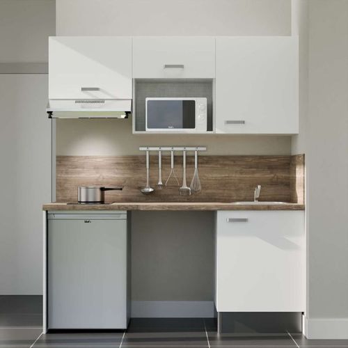 Kitchenette K55l-pt - 180 Cm-façade Blanc-plan Bois-evier Inox-crédences Oui+electro Inox