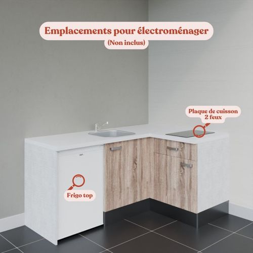 Kitchenette D'angle Ka01l-pt-façade Bois-plan Blanc-evier Inox-crédences Non+electro