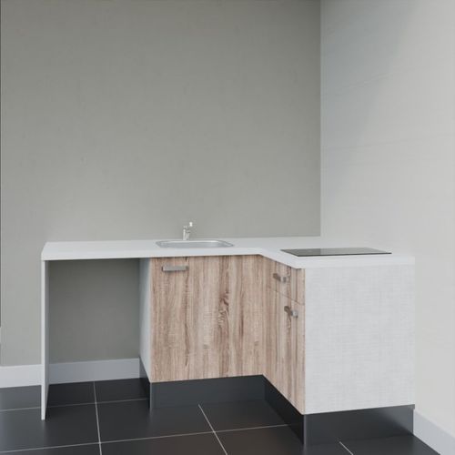 Kitchenette D'angle Ka01l-pt-façade Bois-plan Blanc-evier Inox-crédences Non+electro