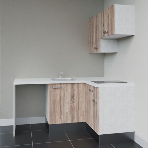 Kitchenette D'angle Ka02l-pt-façade Bois-plan Blanc-evier Inox-crédences Non+electro