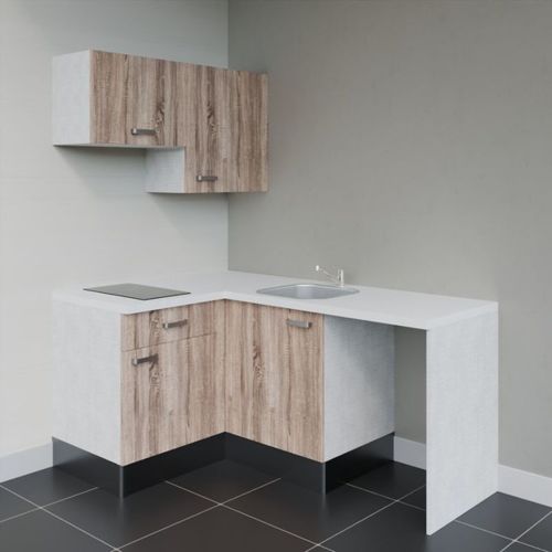 Kitchenette D'angle Ka02l-pt-façade Bois-plan Blanc-evier Inox-crédences Non+electro