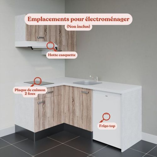 Kitchenette D'angle Ka02l-pt-façade Bois-plan Blanc-evier Inox-crédences Non+electro