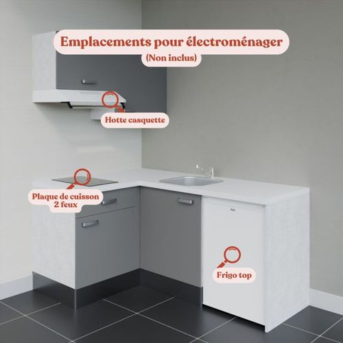 Kitchenette D'angle Ka02l-pt-façade Gris-plan Blanc-evier Inox-crédences Non+electro