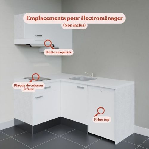 Kitchenette D'angle Ka02l-pt-façade Blanc-plan Blanc-evier Inox-crédences Non+electro