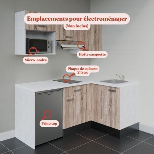 Kitchenette D'angle Ka03l-pt-façade Bois-plan Blanc-evier Inox-crédences Non+electro