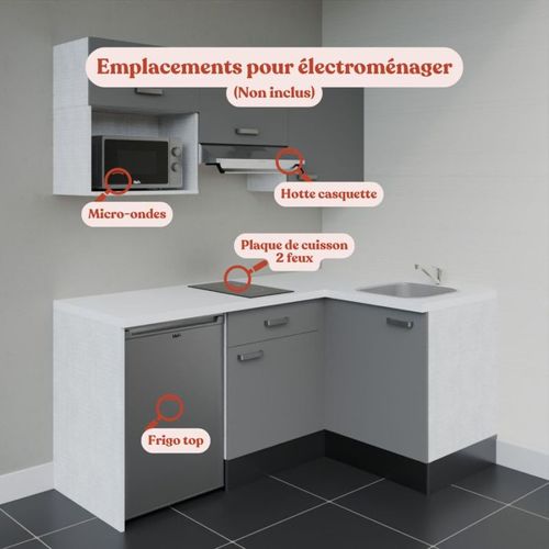 Kitchenette D'angle Ka03l-pt-façade Gris-plan Blanc-evier Inox-crédences Non+electro