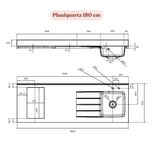 Plan De Travail Monobloc Planiquartz Avec Évier - 180 Cm - Snova - Évier à Droite - Vitrocéramique