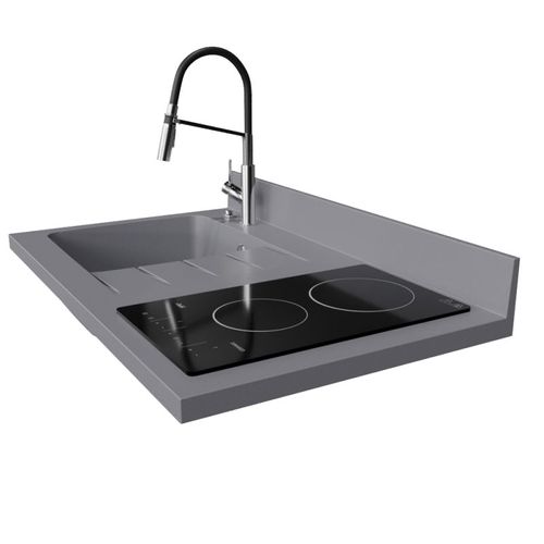 Plan De Travail Monobloc Planiquartz Avec Évier - 100 Cm - Cromo - Évier à Gauche - Vitrocéramique