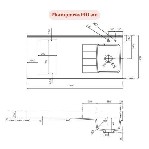 Plan De Travail Monobloc Planiquartz Avec Évier - 140 Cm - Cromo - Évier à Droite - Vitrocéramique