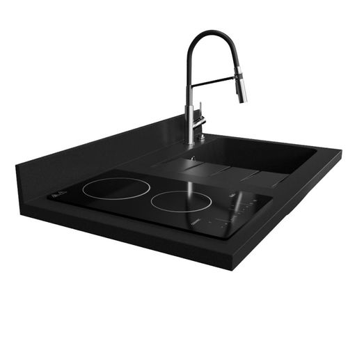 Plan De Travail Monobloc Planiquartz Avec Évier - 100 Cm - Nero - Évier à Droite - Vitrocéramique