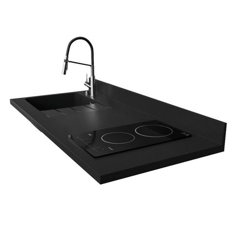 Plan De Travail Monobloc Planiquartz Avec Évier - 140 Cm - Nero - Évier à Gauche - Vitrocéramique