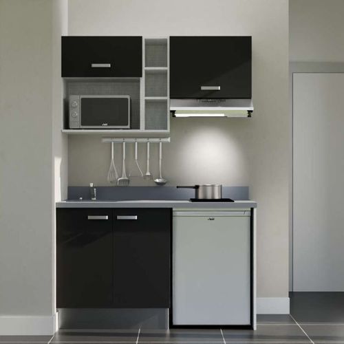 Kitchenette K13l - 140 Cm - Emplacements Frigo, Hotte Et M Noir - Cromo - Évier à Gauche