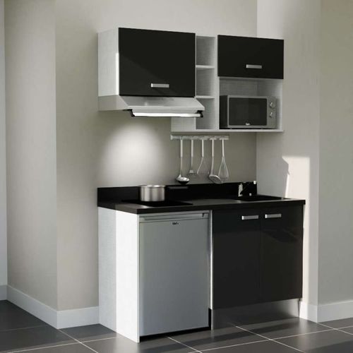 Kitchenette K13l - 140 Cm - Emplacements Frigo, Hotte Et M Noir - Nero - Évier à Droite