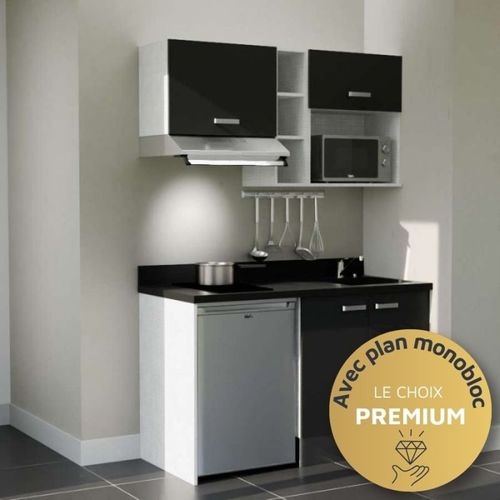 Kitchenette K13l - 140 Cm - Emplacements Frigo, Hotte Et M Noir - Nero - Évier à Droite