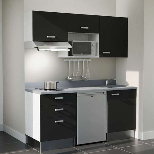 Kitchenette K20l - 180 Cm - Emplacements Frigo, Micro-onde Noir - Cromo - Évier à Droite