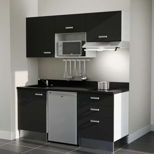 Kitchenette K20l - 180 Cm - Emplacements Frigo, Micro-onde Noir - Nero - Évier à Gauche