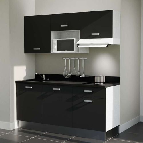 Kitchenette K30l - 180 Cm - Emplacements Micro-ondes Et Ho Noir - Nero - Évier à Gauche