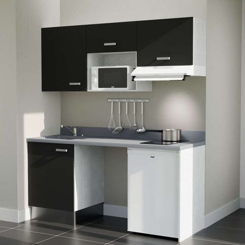 K55 : Noir - Plan Monobloc Cromo Évier à Gauche + Electro Blanc