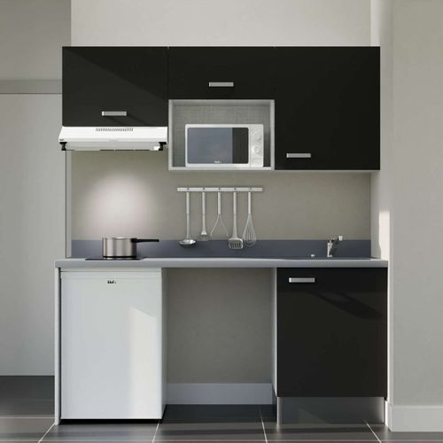 K55 : Noir - Plan Monobloc Cromo Évier à Droite + Electro Blanc