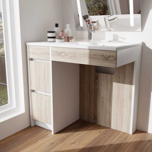 Meuble Salle De Bain Pmr Andy Plus 90 Cm Bois Et Blanc - Vasque à Droite