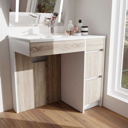 Meuble Salle De Bain Pmr Andy Plus 90 Cm Bois Et Blanc - Vasque à Gauche