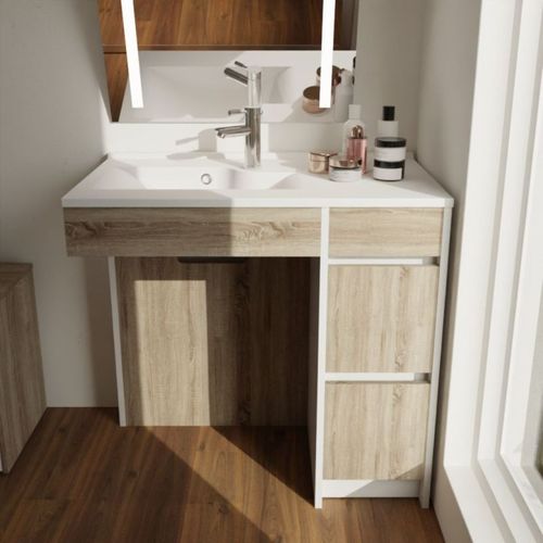 Meuble Salle De Bain Pmr Andy Plus 90 Cm Bois Et Blanc - Vasque à Gauche