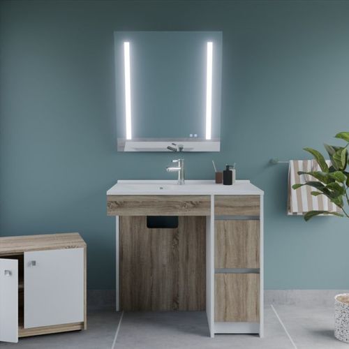 Meuble Salle De Bain Pmr Andy Plus 90 Cm Bois Et Blanc + Miroir Rota Plus - Vasque à Gauche