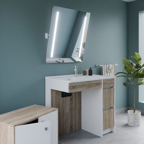 Meuble Salle De Bain Pmr Andy Plus 90 Cm Bois Et Blanc + Miroir Rota Plus - Vasque à Gauche