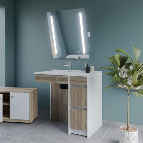Meuble Salle De Bain Pmr Andy Plus 90 Cm Bois Et Blanc + Miroir Rota Plus - Vasque à Gauche