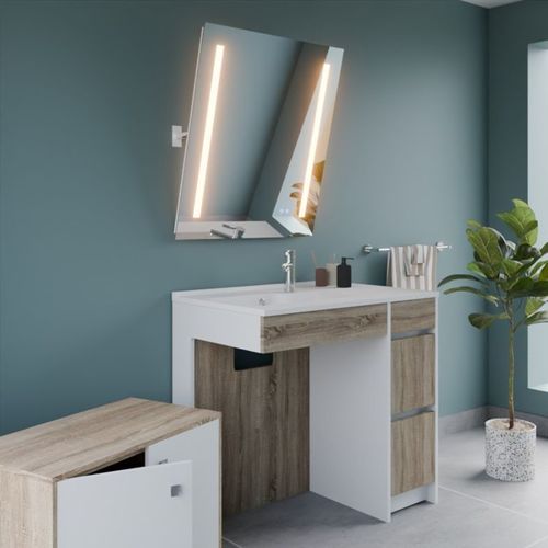 Meuble Salle De Bain Pmr Andy Plus 90 Cm Bois Et Blanc + Miroir Rota Plus - Vasque à Gauche