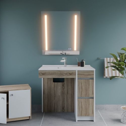 Meuble Salle De Bain Pmr Andy Plus 90 Cm Bois Et Blanc + Miroir Rota Plus - Vasque à Gauche