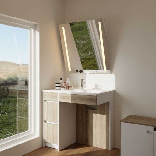 Meuble Salle De Bain Pmr Andy Plus 90 Cm Bois Et Blanc + Miroir Motory - Vasque à Droite