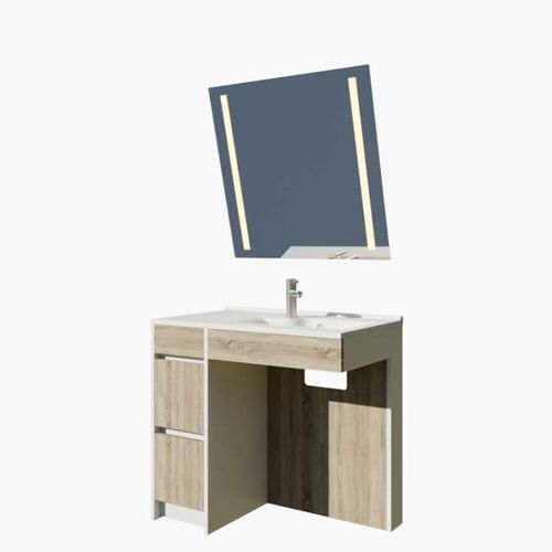 Meuble Salle De Bain Pmr Andy Plus 90 Cm Bois Et Blanc + Miroir Motory - Vasque à Droite